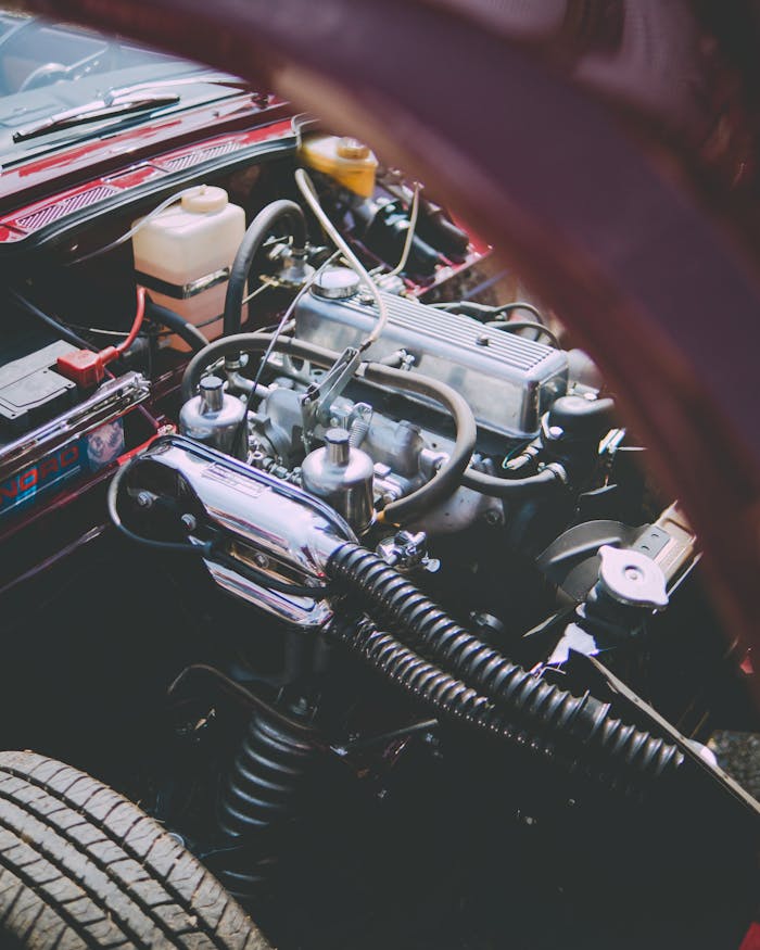 Detailed view of a high-performance sports car engine under the hood, showcasing intricate machinery.